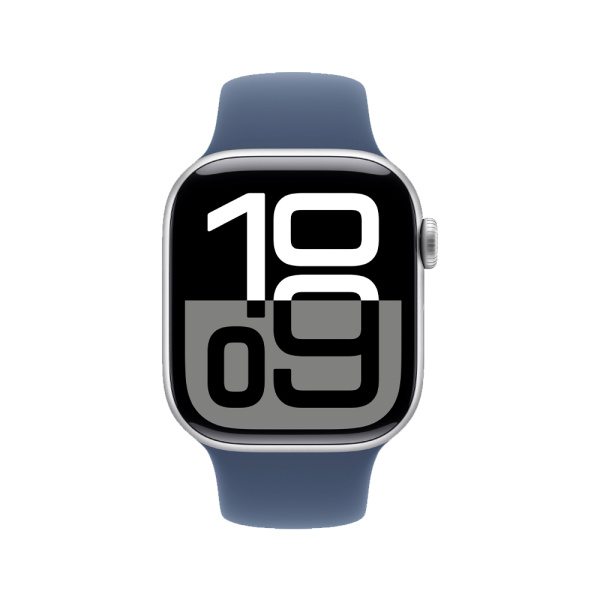 Apple Watch 10 42mm, алюминий, серебристый, спортивный синий ремешок