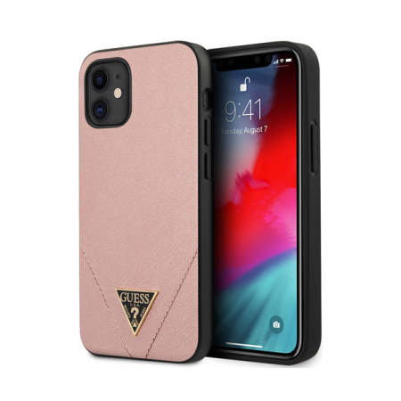 Guess чехол для iPhone 12 Mini PU Saffiano Triangle metal logo Hard (розовый) GUHCP12SVSATMLPI